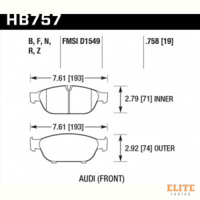 Колодки тормозные HB757Z.758 HAWK PC; перед Audi A6 4G2, C7, 4GC; A7 4GA, 4GF; Allroad 4GH; 19mm