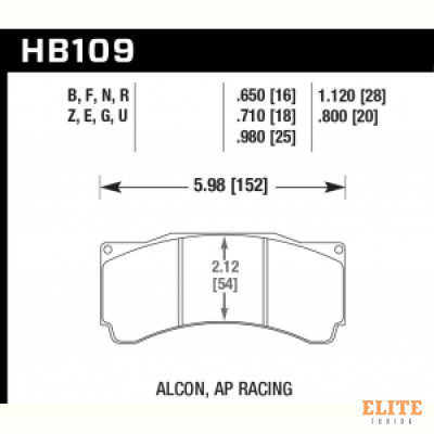 Колодки тормозные HB109U.980 HAWK DTC-70 (БЕЗ УШКА) PROMA 6 порш; StopTech; AP RACING; HPB тип 25 mm