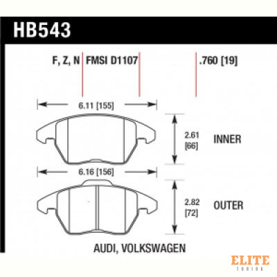Колодки тормозные HB543Z.760 HAWK PC передние AUDI A3 / VW Golf 5,6 , Passat CC, B6, B7